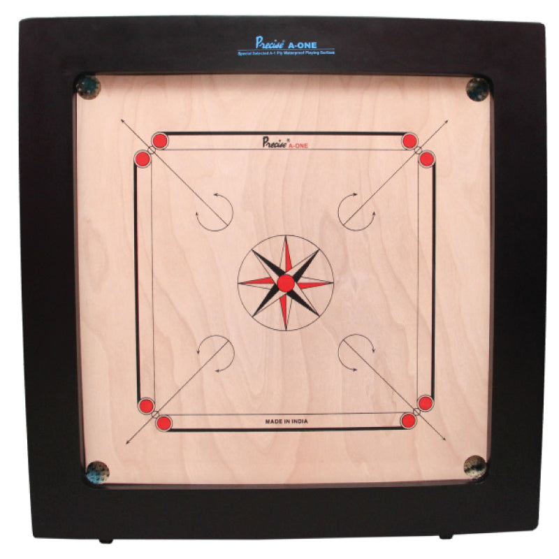 Top-down view of the Precise Bulldog Selected A-One Ply 28mm Carrom Board featuring a waterproof surface and thick 4x2 inch frame.