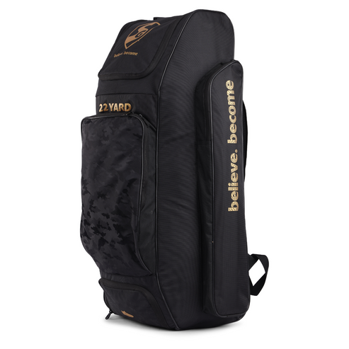 Side view of SG 22 Yards cricket duffle kit bag showing mesh water bottle pocket and shoulder strap