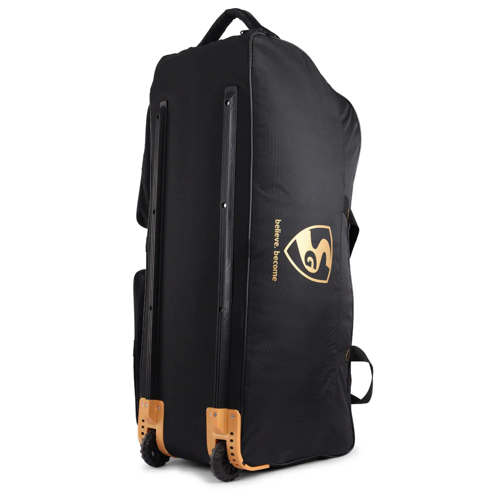 Back view of SG X3 adult cricket wheelie kit bag showing padded side walls, bartack stitching reinforcement, and telescopic handle
