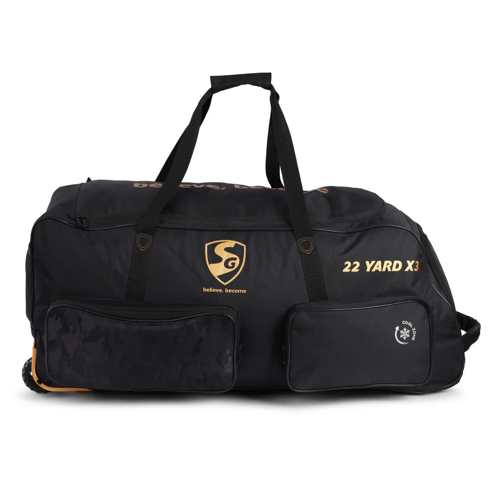 Close-up side view of SG X3 cricket kit bag highlighting large wheel traction and TPU-reinforced HDPE base for stability