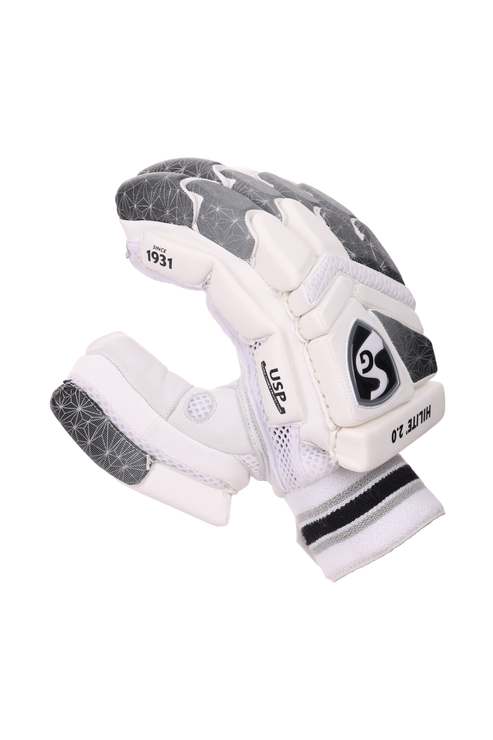 White and gray cricket glove with branding on a white background