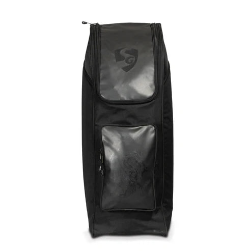 SG KLR cricket wheelie kit bag – straight-on front view showing leatherette upper panel with SG logo, large front zip pocket with KLR branding, and canvas lower body