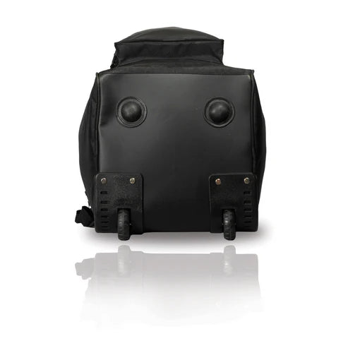 Close-up of SG KLR cricket wheelie kit bag base showing two large wheels and HDPE base plate for stability on grass and hard surfaces
