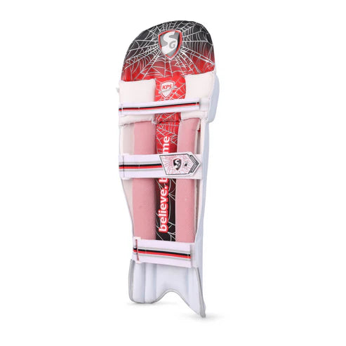 Side view of the SG RP Ecolite Adult Cricket Batting Pad in white, featuring a red and black spiderweb pattern on the top hat, vertical protective bolsters with 'Believe' text, and three fastening straps.