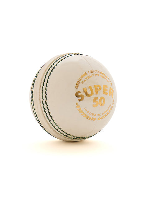 SG Super 50 White Cricket Leather Ball Adult Size 144gms - side face close up image