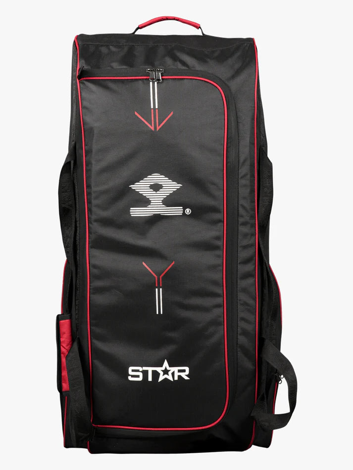 Shrey Star 2.0 Duffle Wheelie Cricket Kit Bag in Black – Full Front View, 113L capacity with dual padded bat pockets