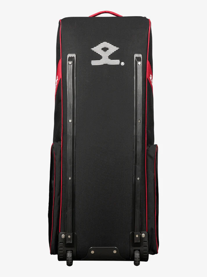 Back view of Shrey Star 2.0 Wheelie Cricket Kit Bag showing abrasion-resistant back panel and heavy-duty wheel base