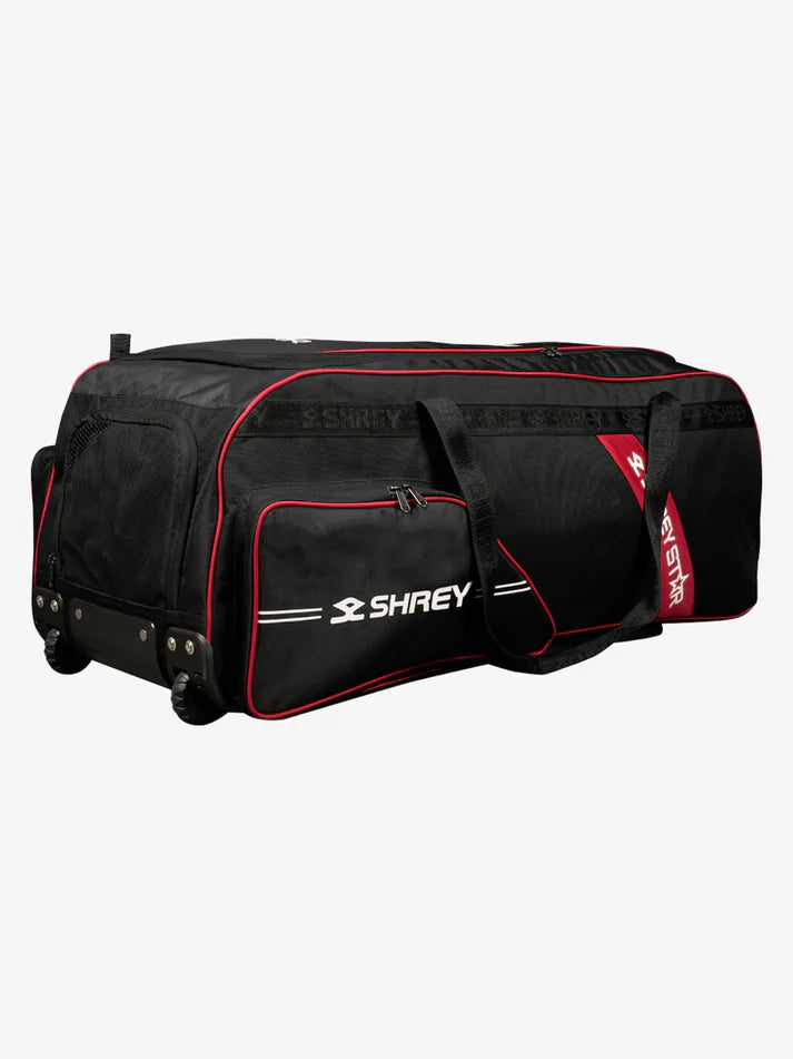 Close-up side view of Shrey Star 2.0 Cricket Kit Bag showing adjustable padded shoulder strap attachment point