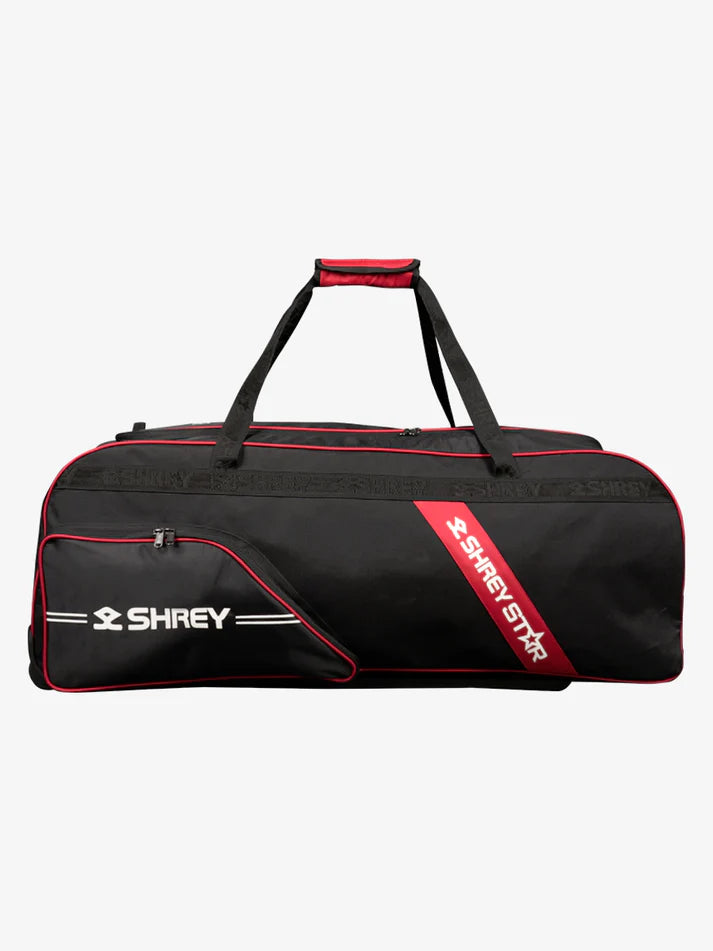 Close-up of Shrey Star 2.0 Cricket Bag heavy-duty wheels with full-length protective runners for all-surface rolling