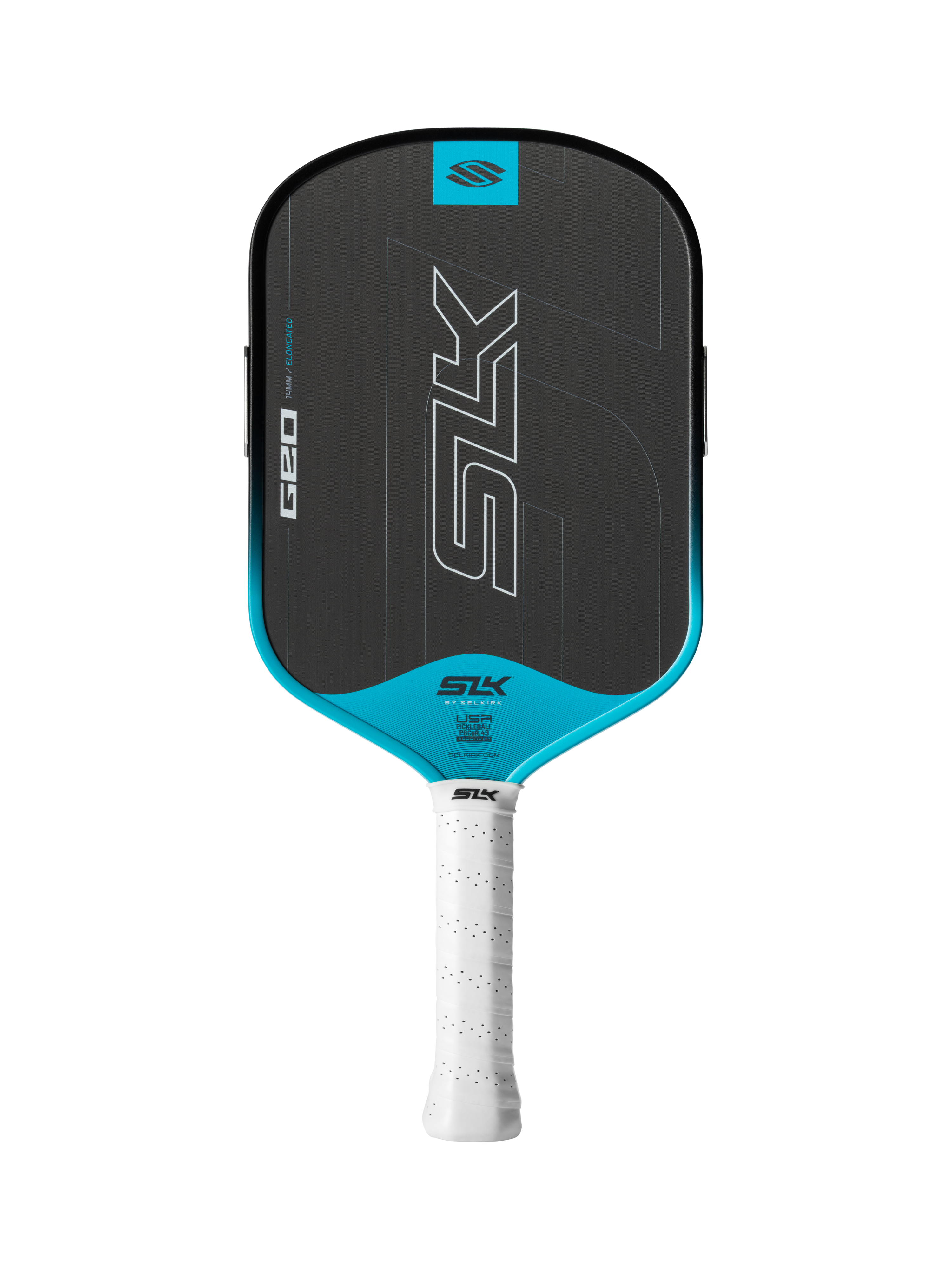 SLK Geo pickleball paddle by Selkirk, Elongated shape in Cyan, full face view