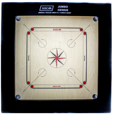 Carrom board with 'Siscaa Jumbo Genius' branding on a black border