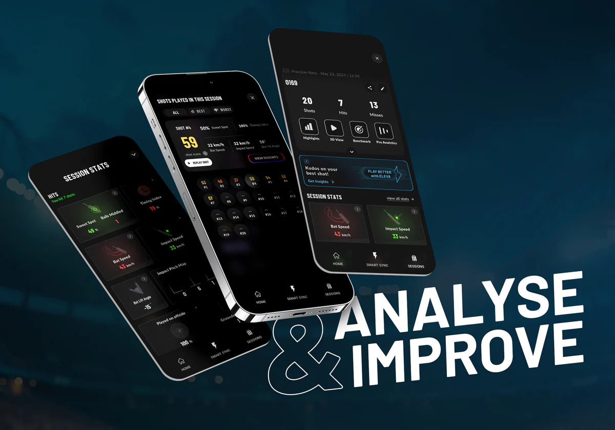 Str8bat app interface showing 3D cricket swing analysis, wagon wheel, and bat speed data