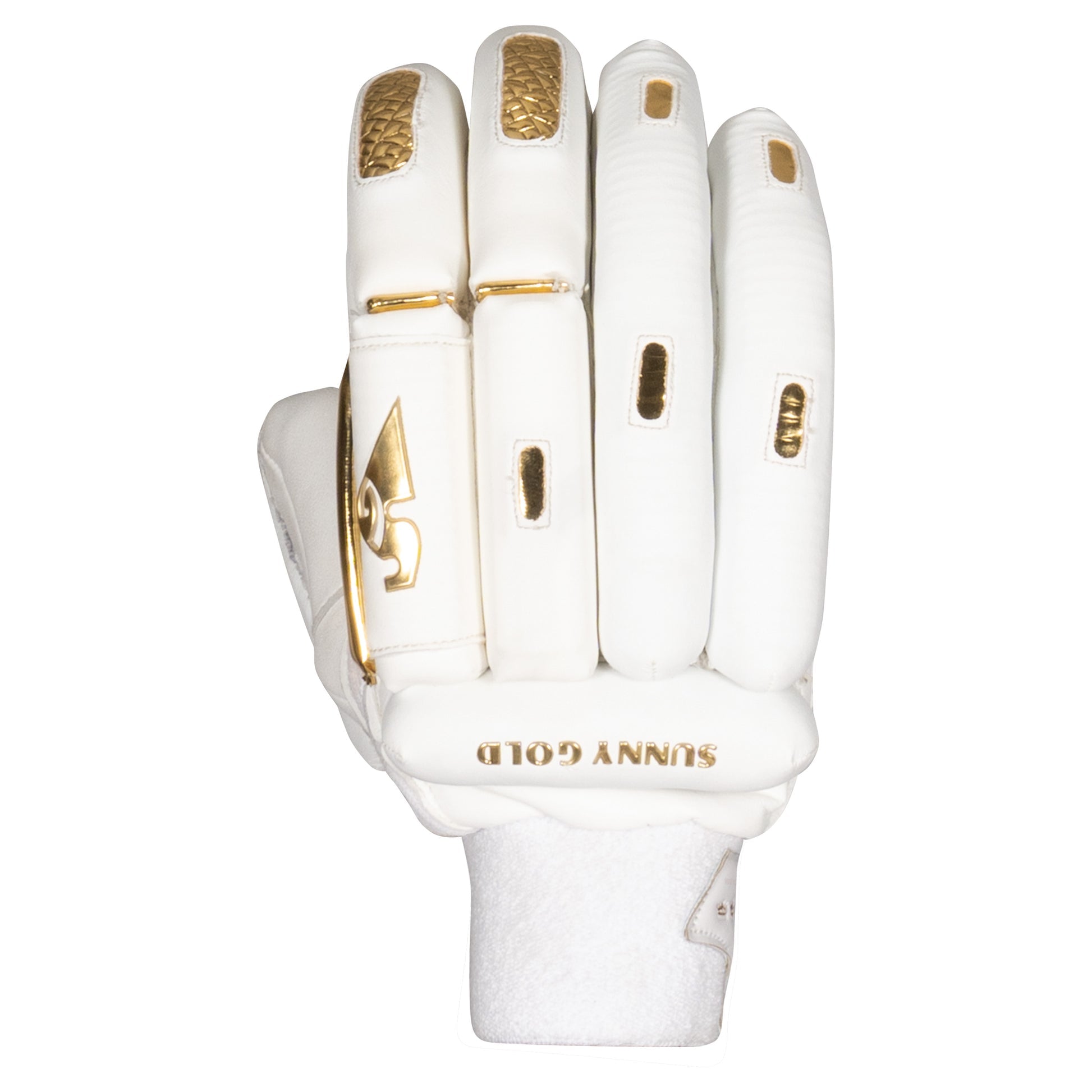White and gold cricket glove with 'SUNNY GOLD' branding on a white background
