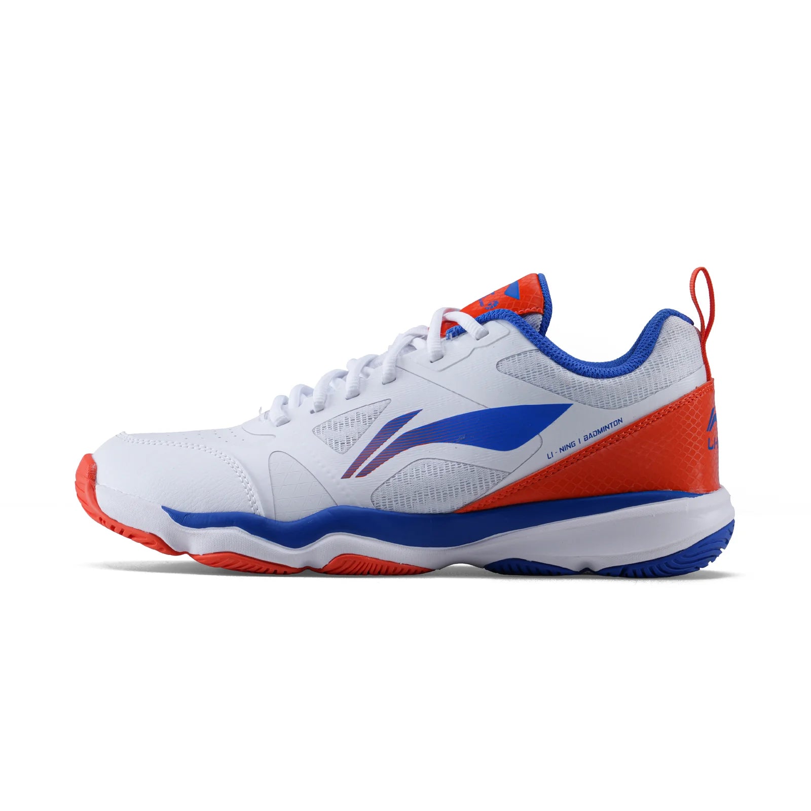 Side profile of the Li-Ning Ranger Force court shoe highlighting the white, orange, and blue breathable upper