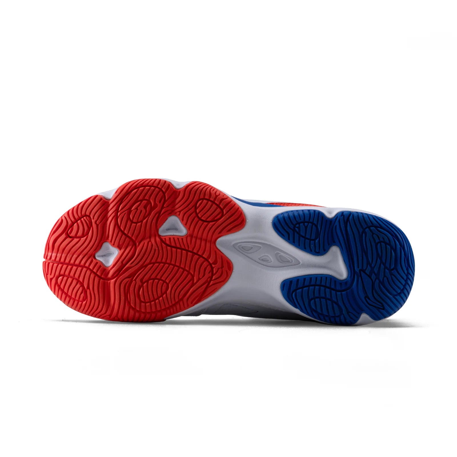Bottom view of the Li-Ning Ranger Force non-marking rubber outsole with red and blue traction patterns