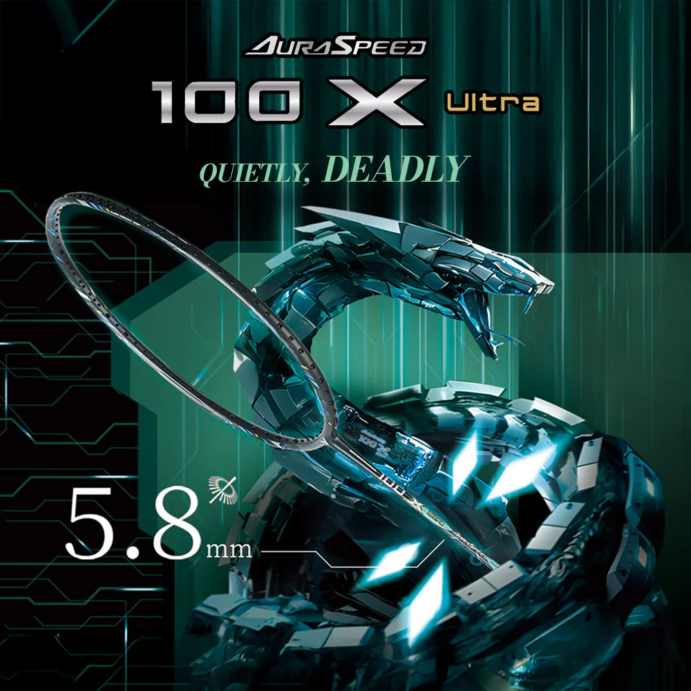 Victor Auraspeed 100X Ultra (Green Wraith) - Promotional graphic featuring 5.8mm Ultra-Slim Shaft and Quietly Deadly slogan