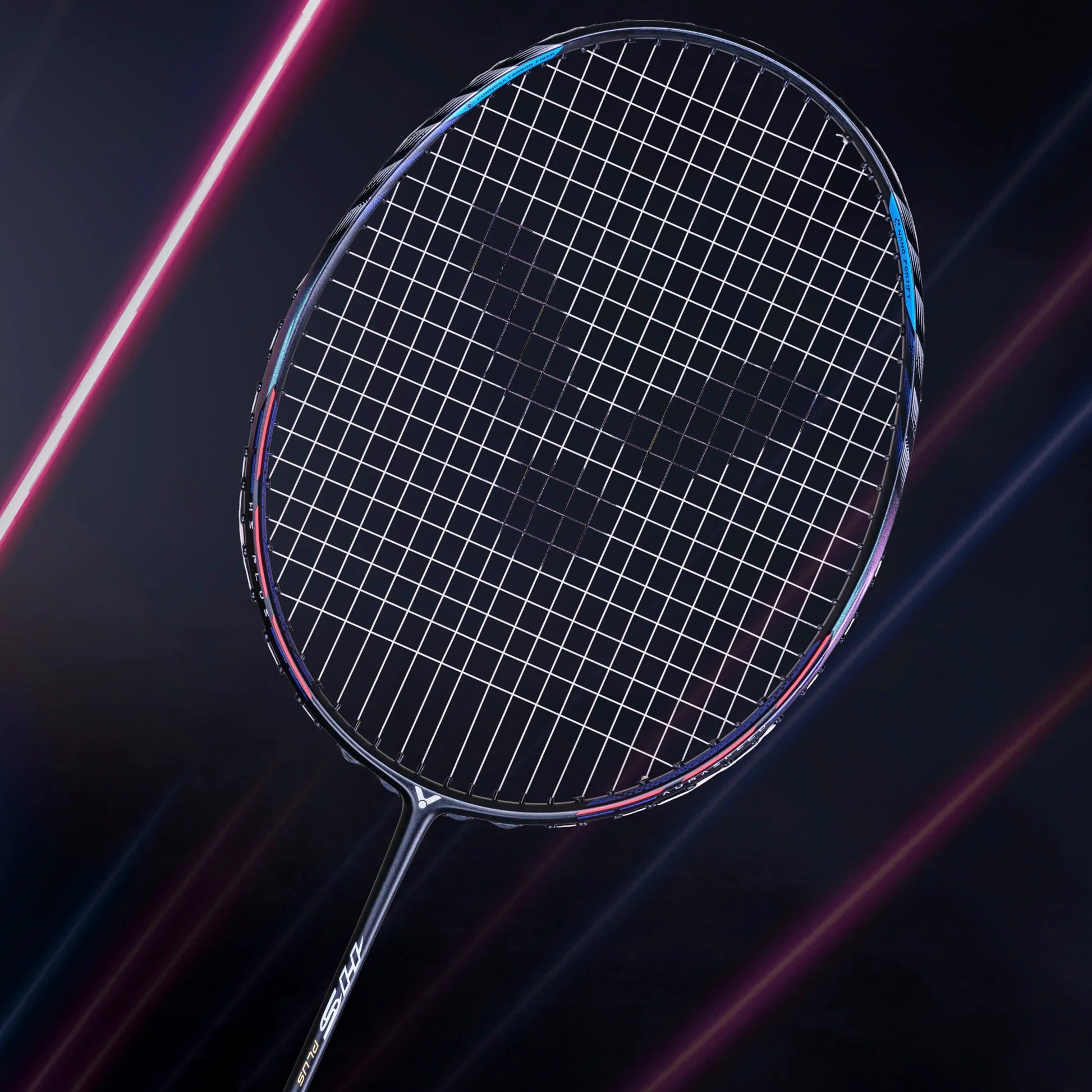 Victor Auraspeed Hyper Sonic (HS) Plus Badminton Racket - Close-up of Compact Head and String Bed on dark background