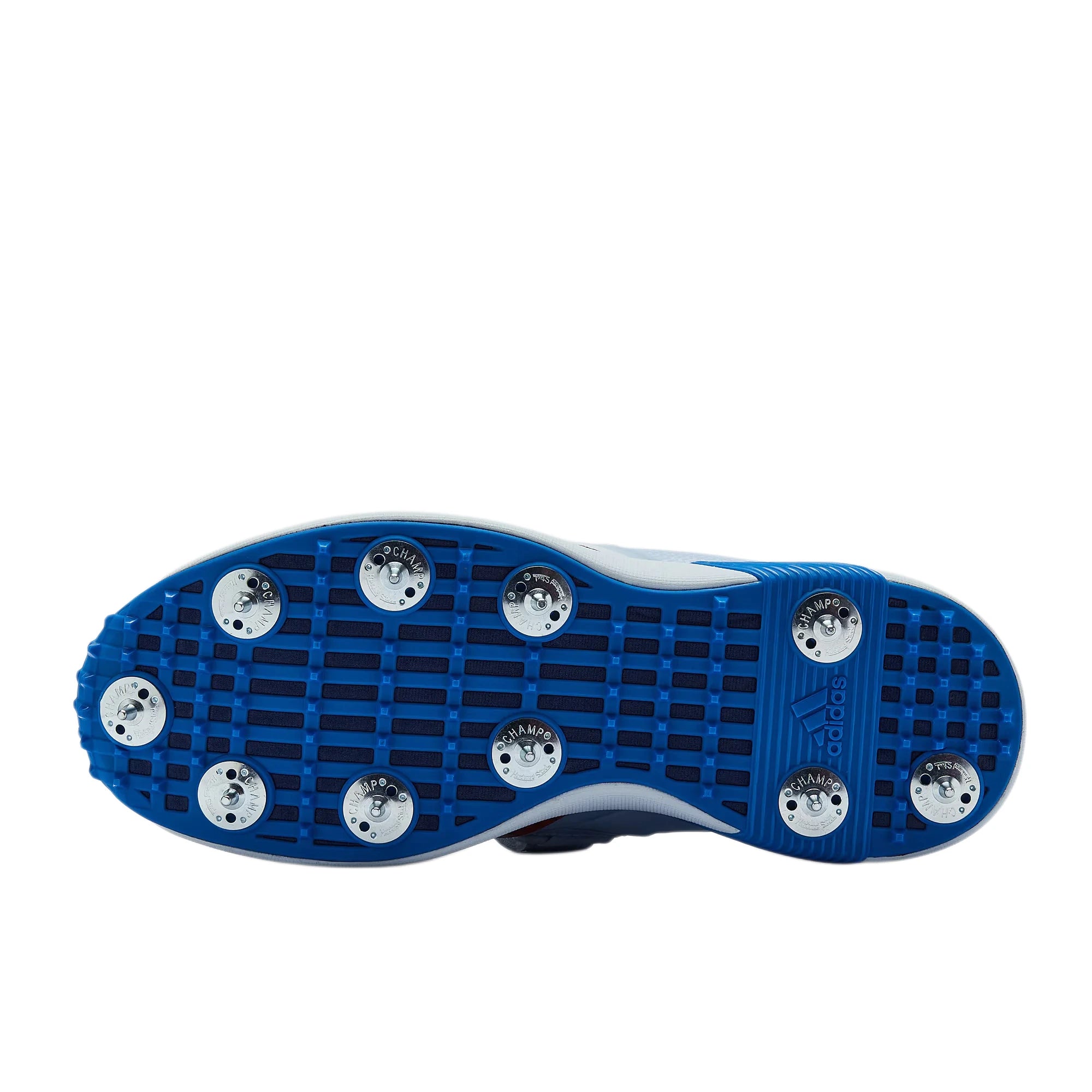 Outsole of Adidas Adipower Incurza cricket shoes showing 7-3 metal spike configuration for grass pitches