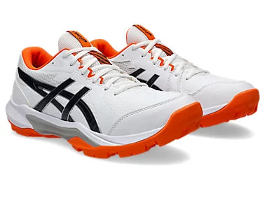 Full front view of ASICS GEL-Peake 3 cricket shoes in white and midnight blue.