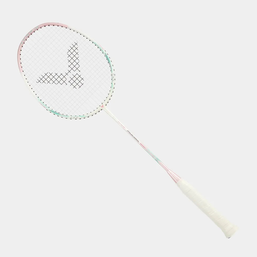 Full length view of the Victor Thruster Ryuga Sport I beginner racket in pink and white.