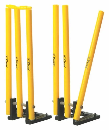 Vixen Spring Return Plastic Cricket Stumps Set in High-Visibility Yellow for Indoor and Outdoor Training