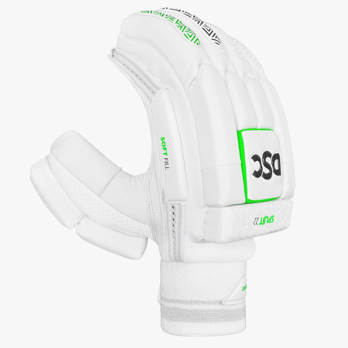 Full front view of the white DSC Split 22 Junior Cricket Batting Gloves showing the pre-curved sausage finger design