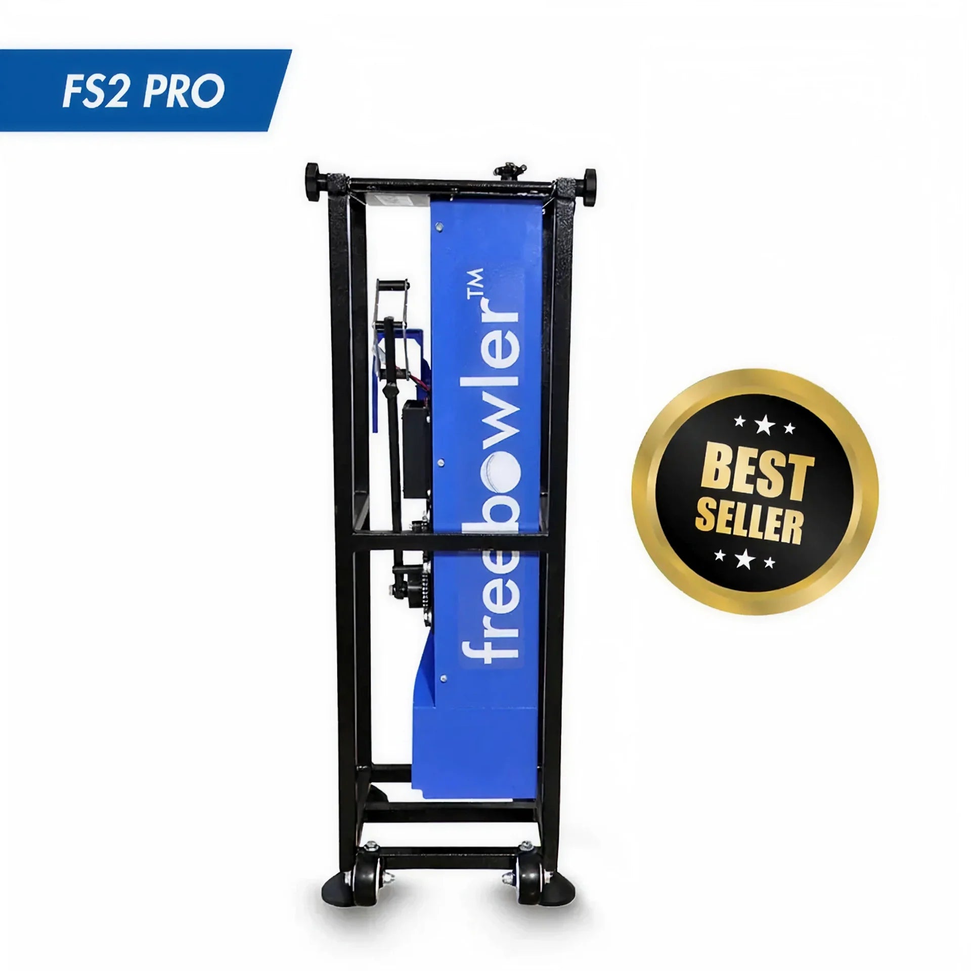 Front view of the Freebowler FS2 Pro Portable Cricket Bowling Machine, a blue and black arm-simulated thrower with a 'Best Seller' badge.