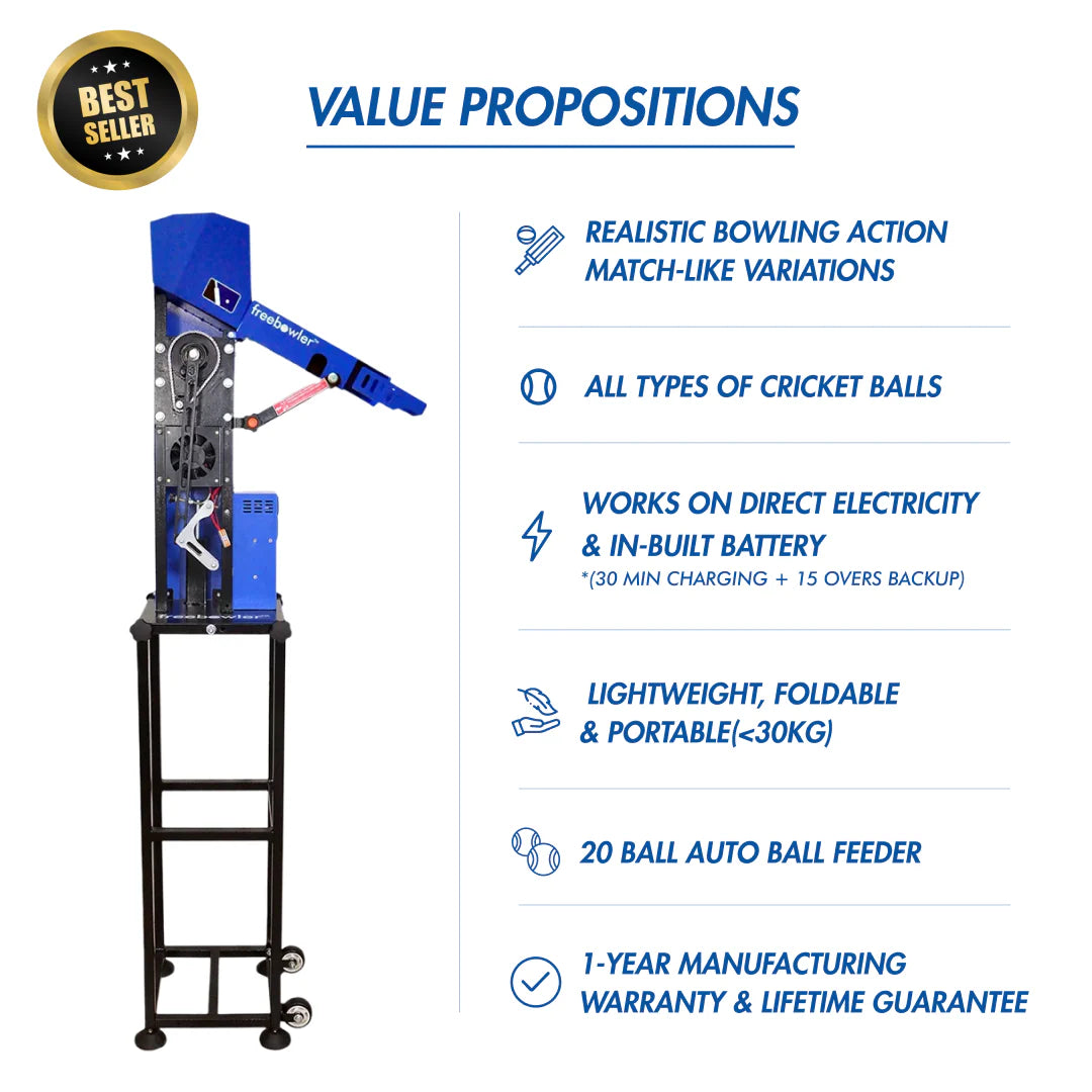 Side profile of the Freebowler FS2 Pro cricket bowling machine showing the throwing arm mechanism and wheeled base.