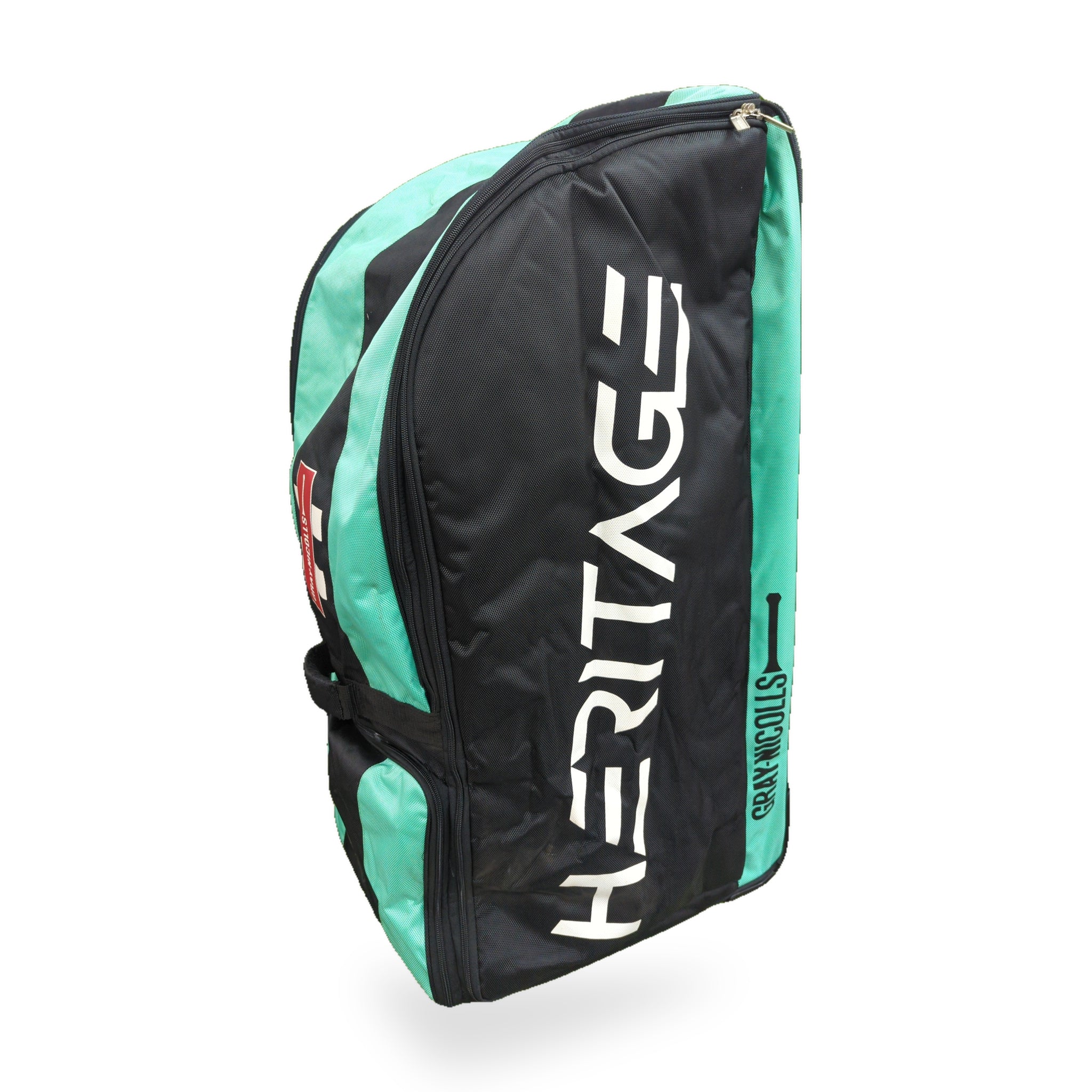 Gray-Nicolls Heritage teal cricket kit bag angled view showing full-length Heritage branding, white studio background