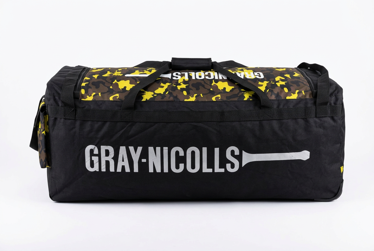 Gray-Nicolls Players Wheele cricket kit bag in black with yellow camouflage top, main view