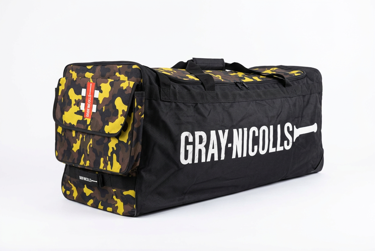 Gray-Nicolls Players Wheele cricket bag showing camouflage zippered end pocket