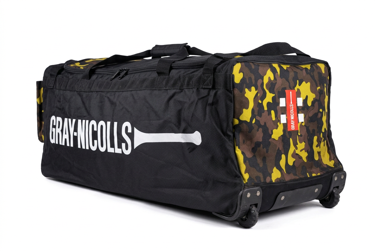 Gray-Nicolls Players Wheele cricket kit bag wheel-end view with camouflage panel