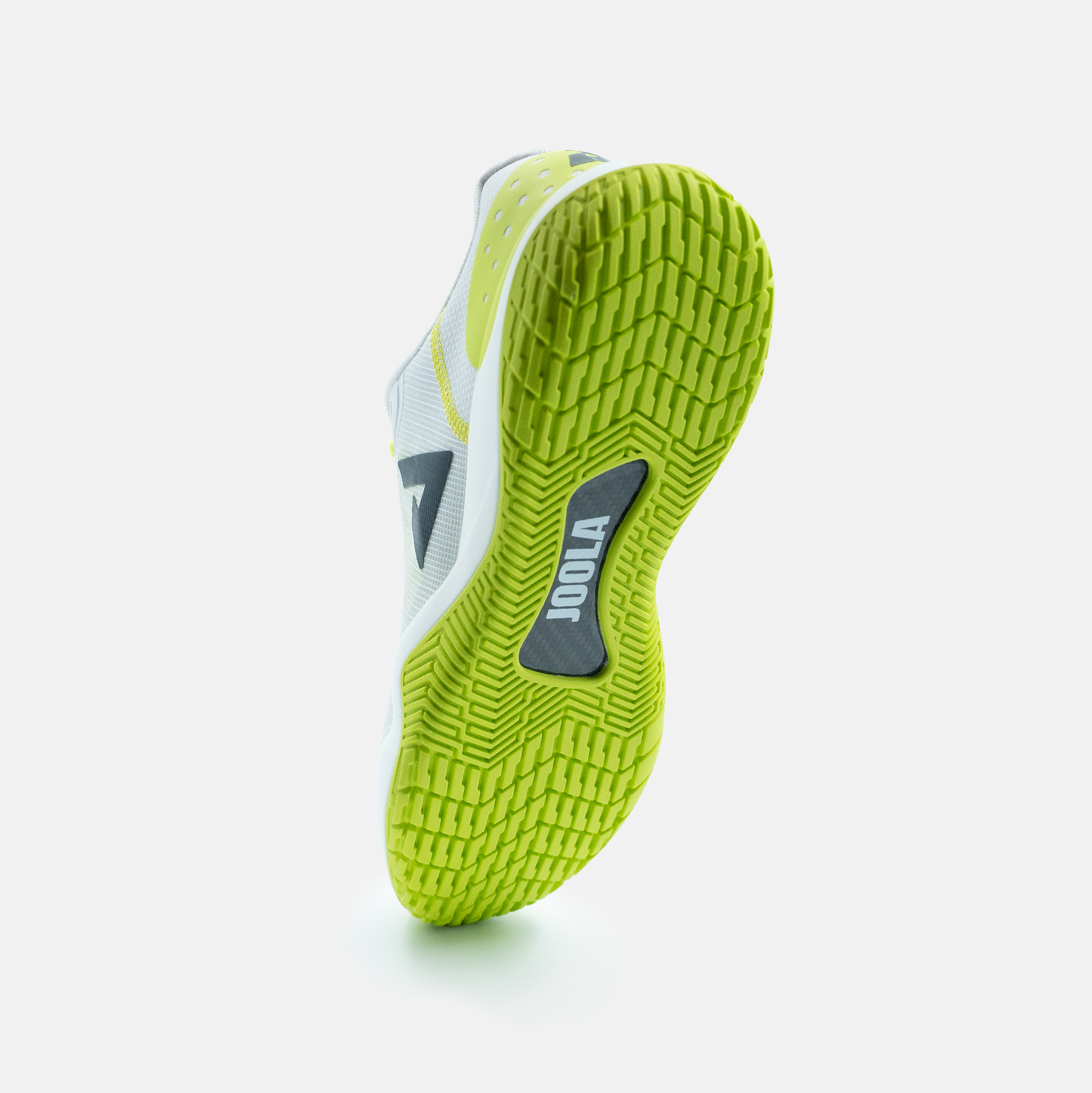 JOOLA Men's FUNKSH1n_PB R4LLy Pickleball Shoe in White/Black-Pickleball Green - angled sole view showing tread and carbon fiber shank