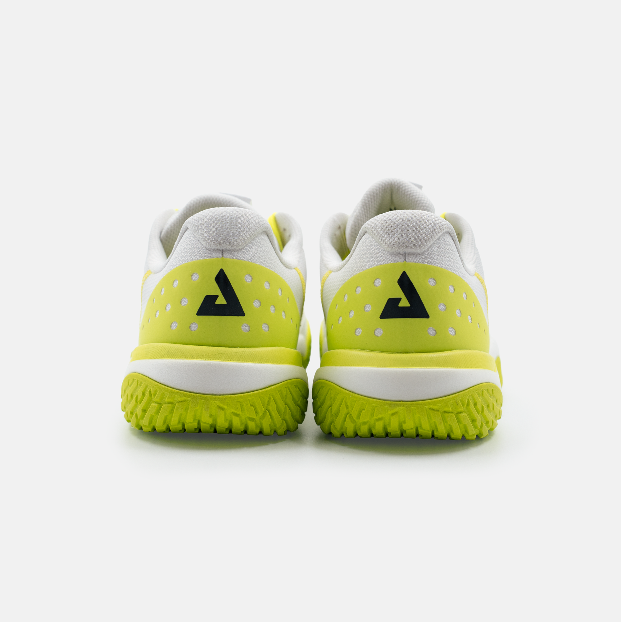 JOOLA Men's FUNKSH1n_PB R4LLy Pickleball Shoe in White/Black-Pickleball Green - heel view with JOOLA Trinity logo