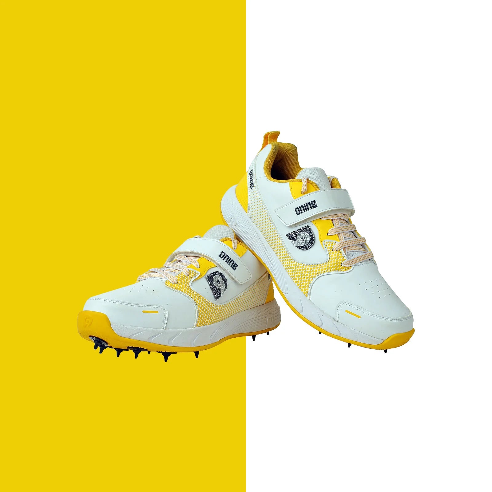 DNINE Polyurethane (PU) Prince-1 Yellow/Black/White Cricket Metal Spike Shoes