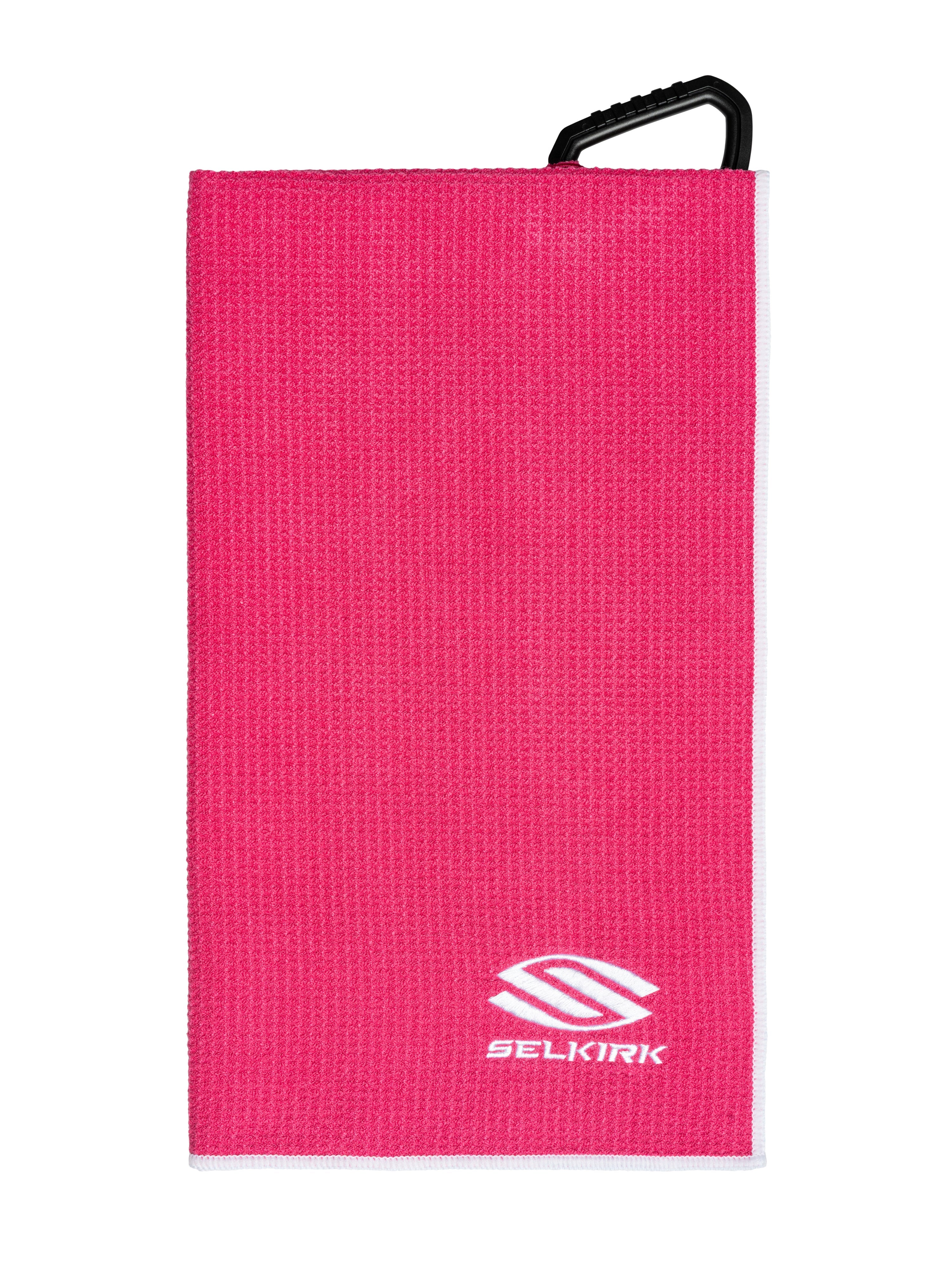 Selkirk Players' Pickleball Towel in Pink with embroidered logo and carabiner clip