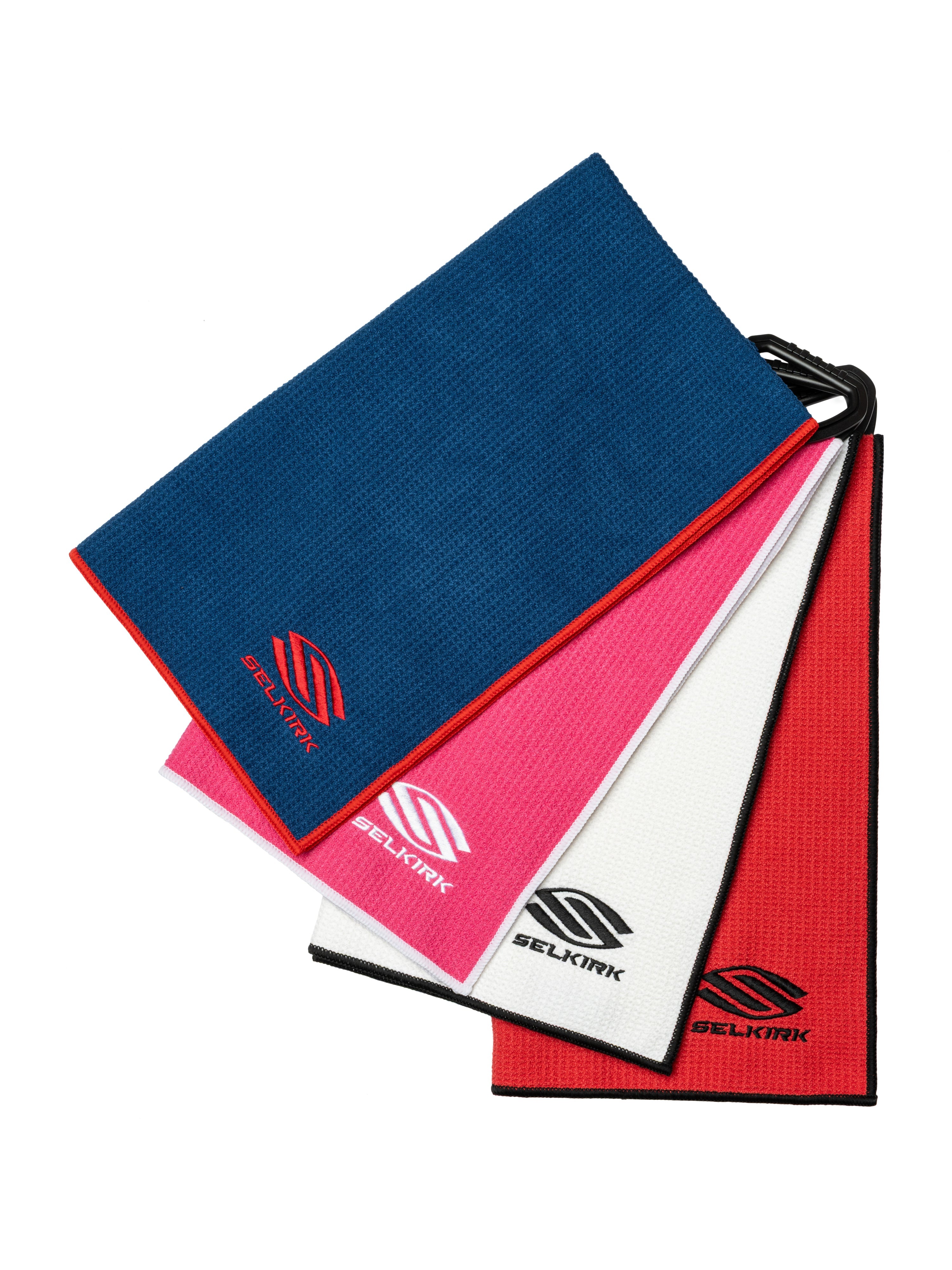 All four Selkirk Players' Pickleball Towel colourways stacked - Navy, Red, White and Pink