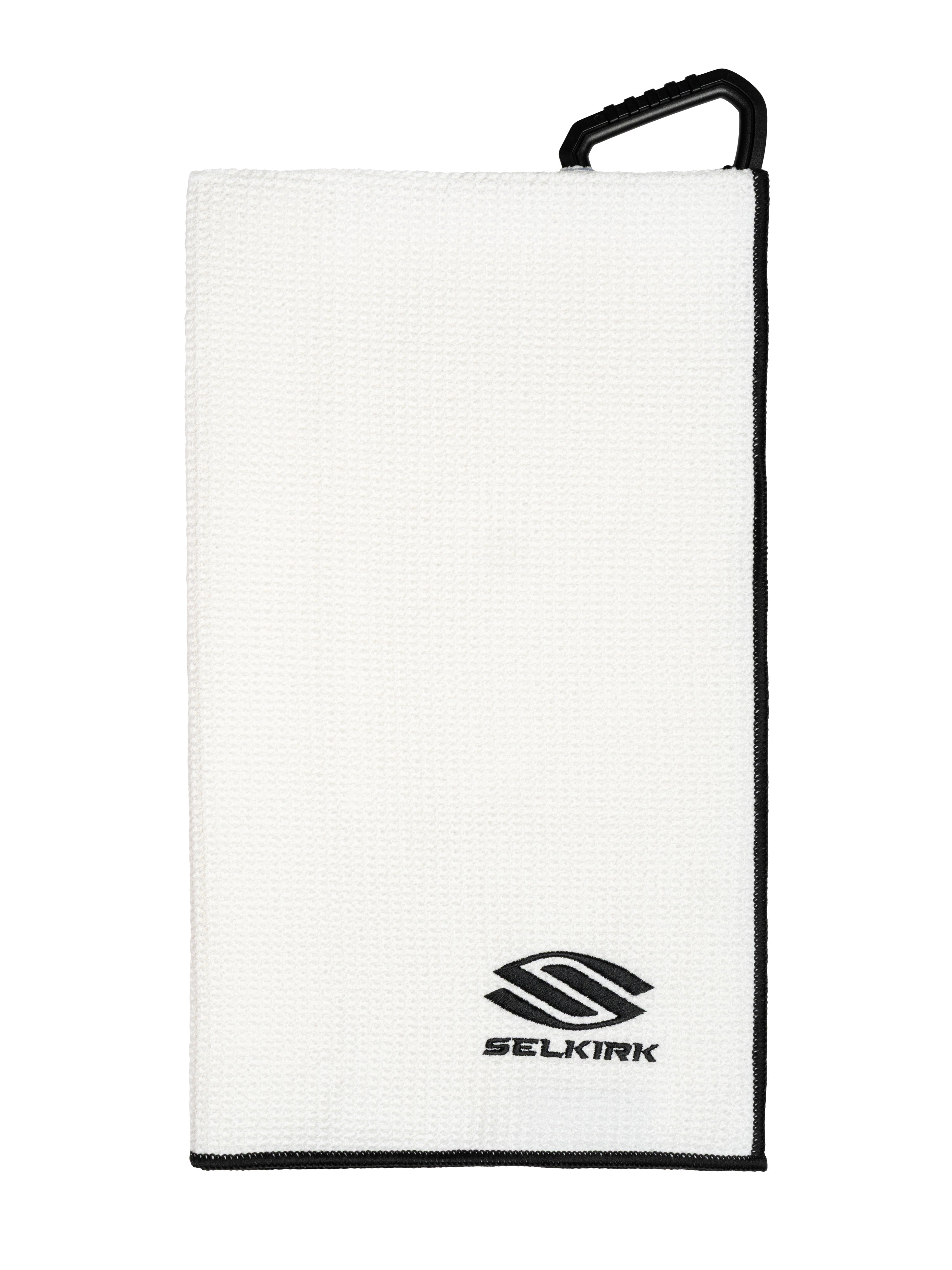 Selkirk Players' Pickleball Towel in White with embroidered logo and carabiner clip