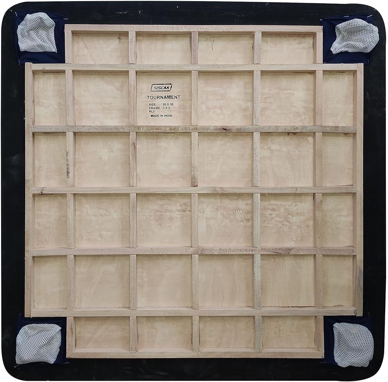 Back view of the professional Siscaa Champion Fighter 20mm carrom board, featuring a smooth English Birch ply surface and black 3x2 inch frame.