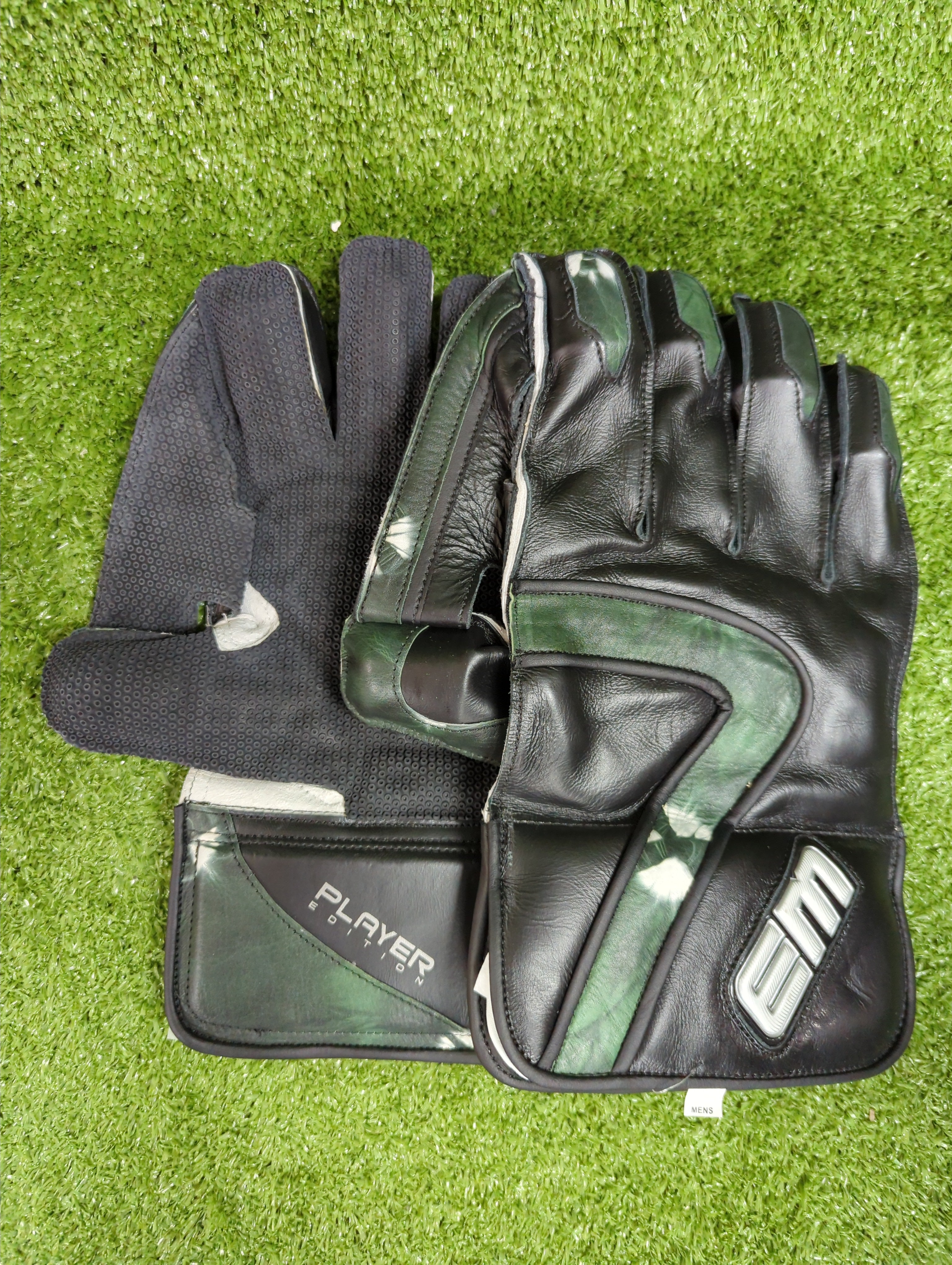 EM MSD Dhoni Adult Cricket Wicket Keeping Gloves - Black/Deep Green