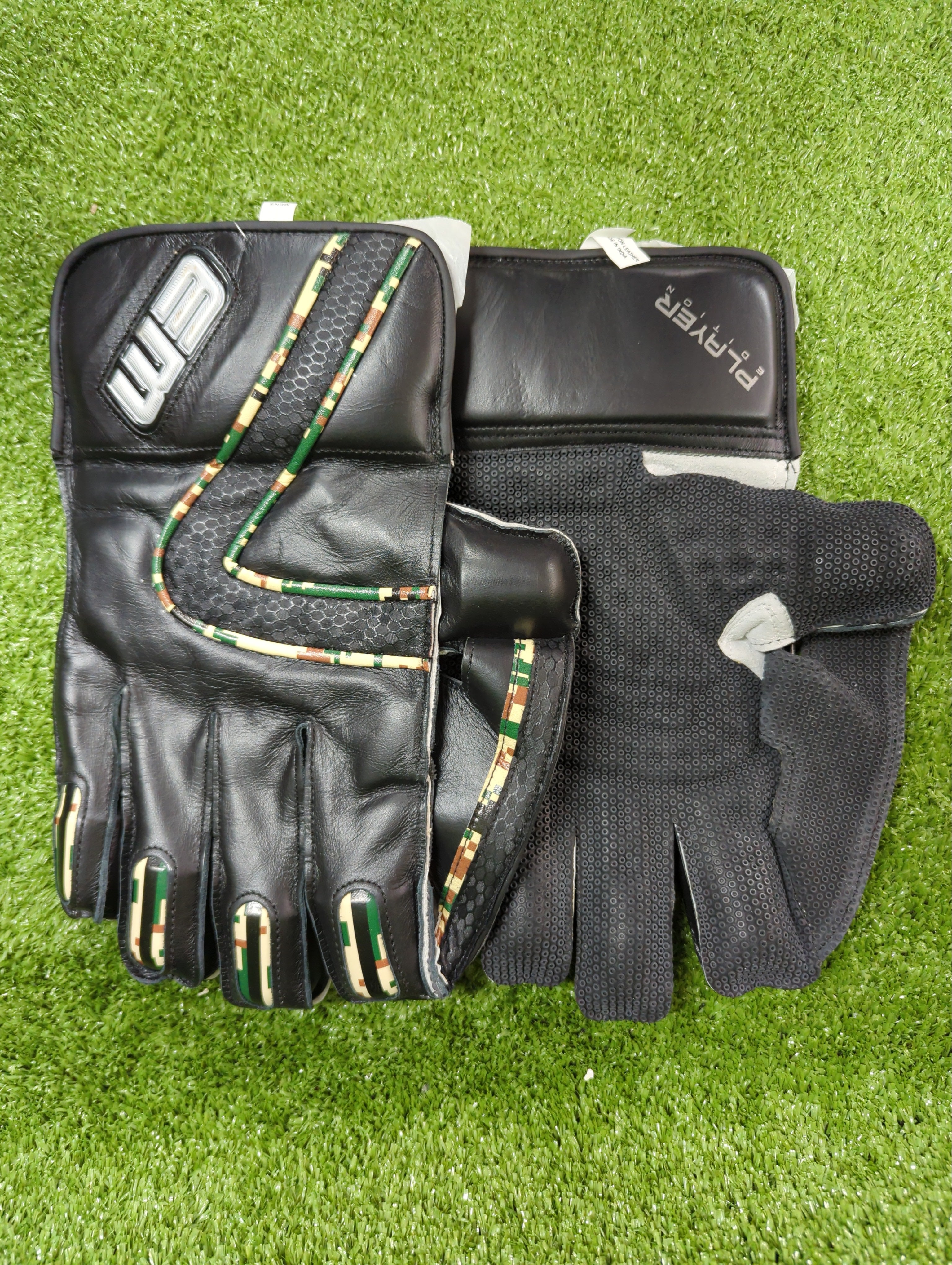 EM MSD Dhoni Adult Cricket Wicket Keeping Gloves - Black/Camo Green
