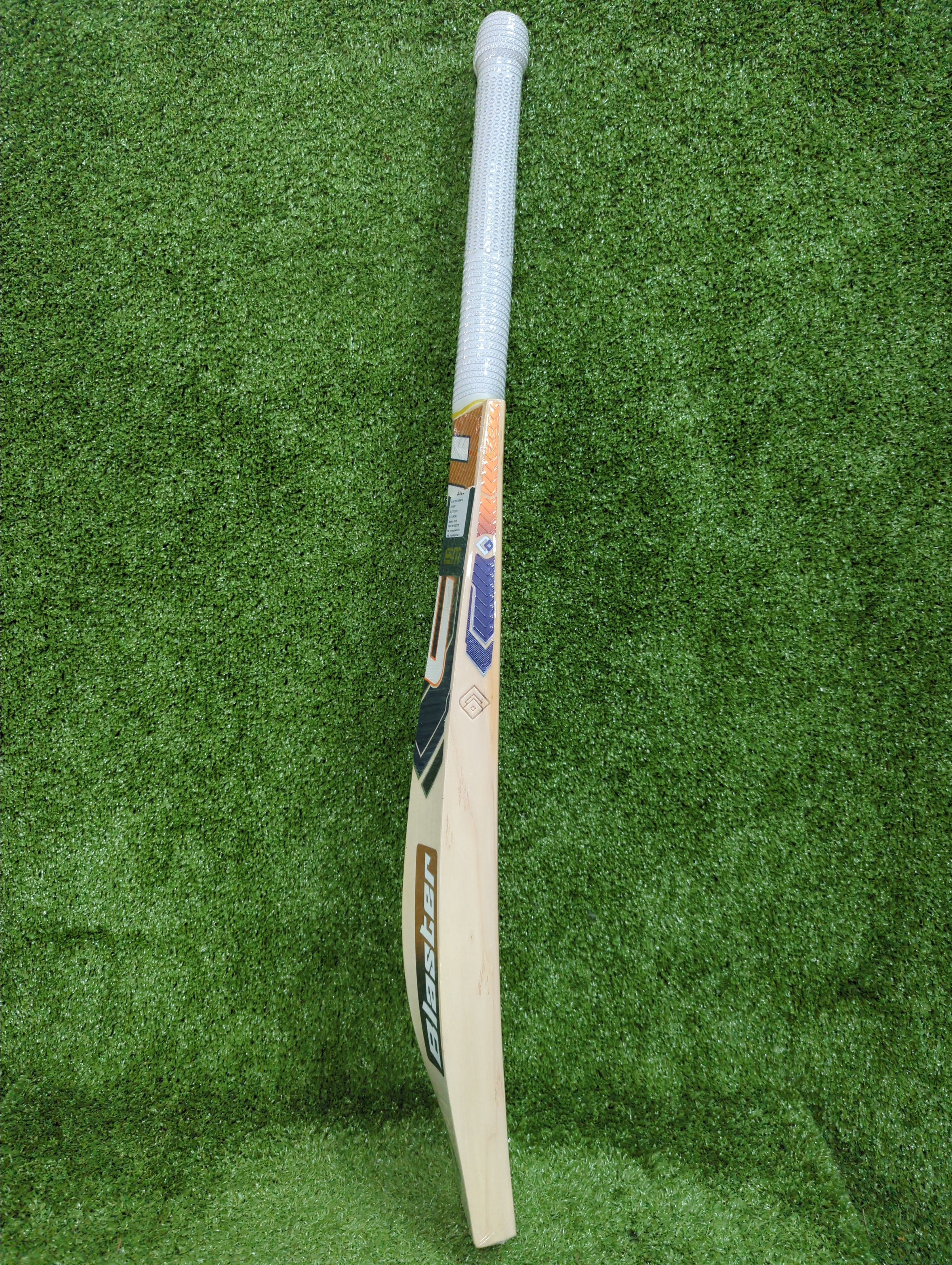 EM Blaster English Willow bat shown with its premium full-length padded bat cover and adjustable strap.