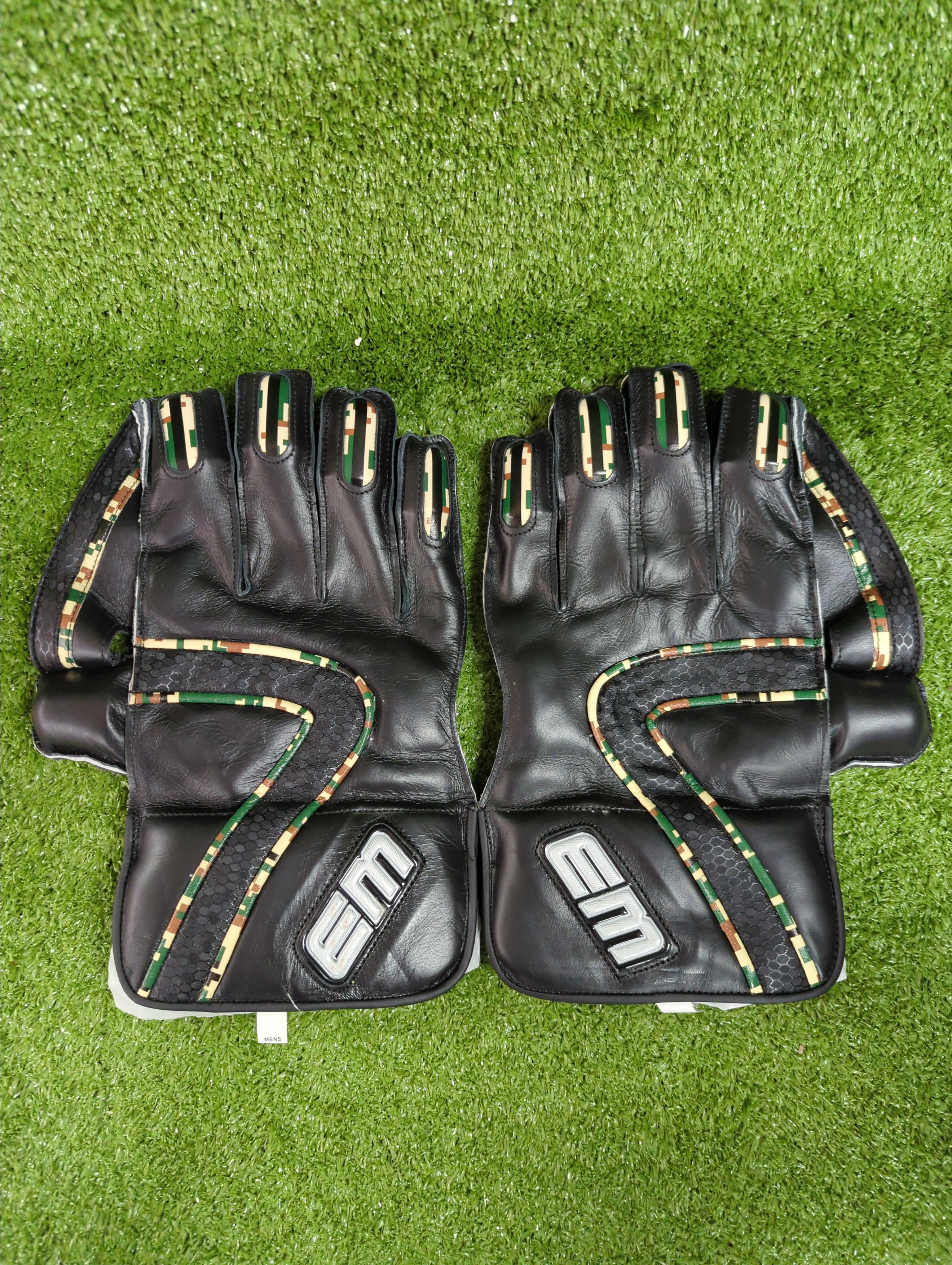 EM MSD Dhoni Adult Cricket Wicket Keeping Gloves - Black/Camo Green