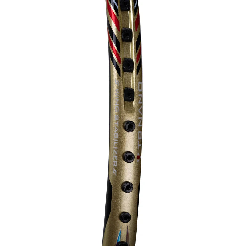 Frame detail of the white and gold Li-Ning Aeronaut 9000 racket used by Shi Yu Qi