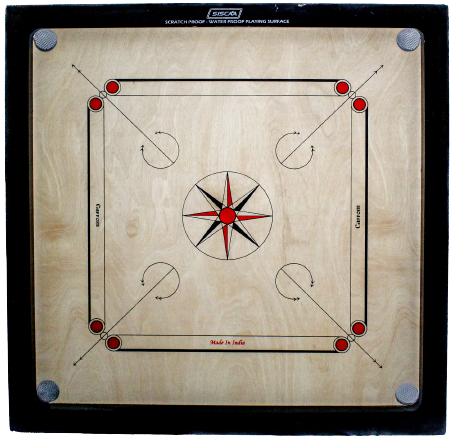 Top-down view of the Siscaa Excell Indian Ply Carrom Board featuring a 4mm playing surface and 1.5 inch standard frame.