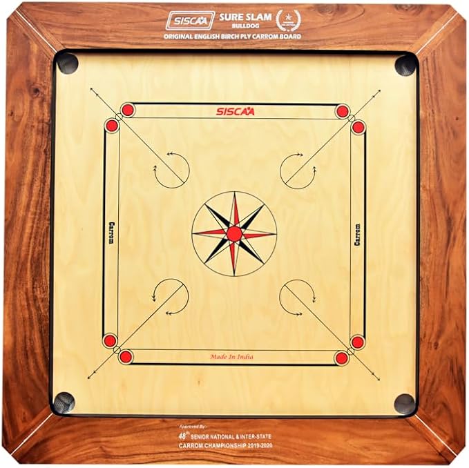 Top view of the Siscaa Sure Slam Bulldog English Birch Ply Carrom Board featuring a 4x2 inch frame and 28mm thickness.