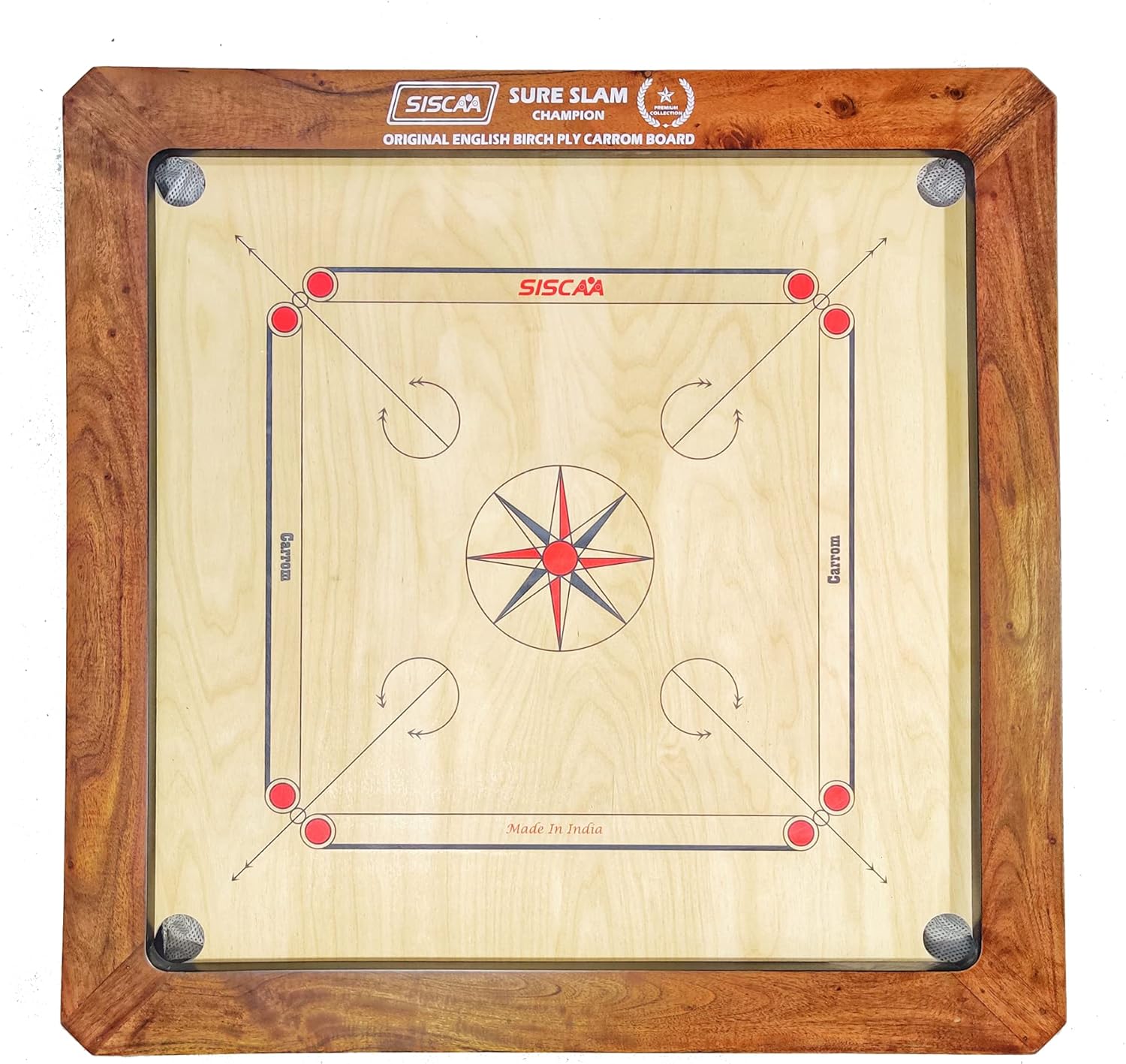 Full front view of the 20mm Siscaa Sure Slam Champion Natural English Birch Ply Carrom Board showcasing the 3x2 inch frame.