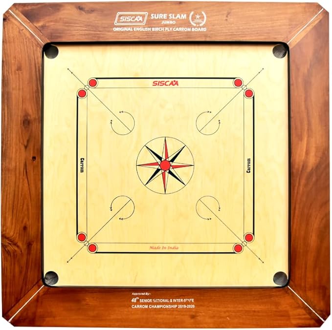 Top-down front view of the 36mm Siscaa Sure Slam Jumbo English Birch Ply Carrom Board, showing the full playing surface and 5x2 inch frame.