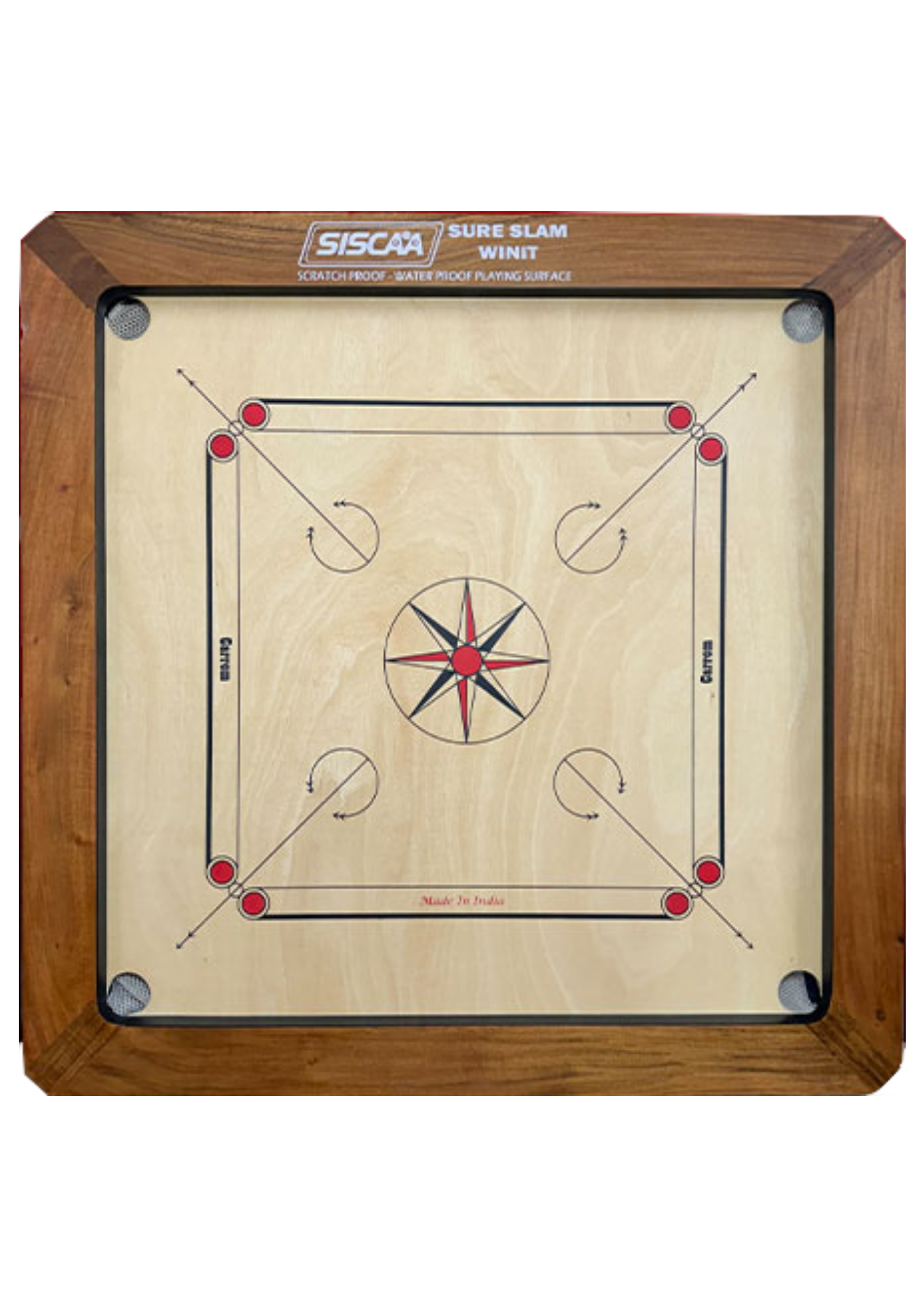 Top view of the Siscaa Sure Slam WINIT Indian Ply Carrom Board featuring a 3x1.5 inch frame and 12mm thickness.