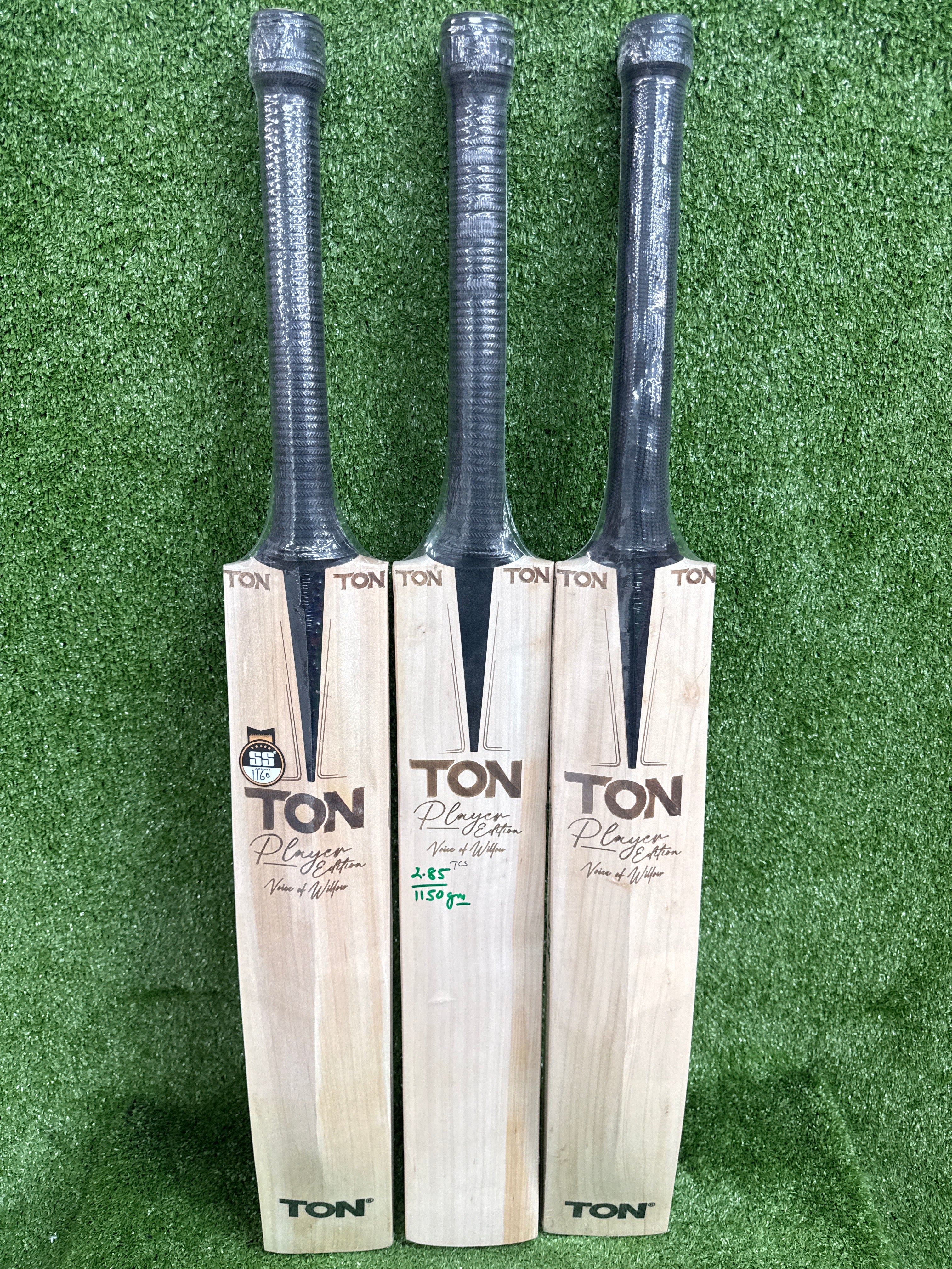 Full back view of the SS Voice of Willow cricket bat featuring the concave back profile, SS branding, and traditional round toe.